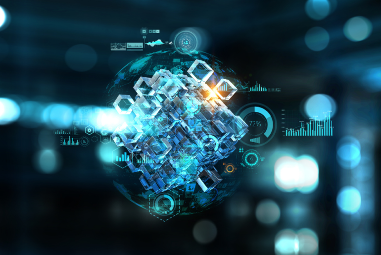 Image of a transparent earth with digital elements within in such as graphs and technology icons, floating against a stark black background