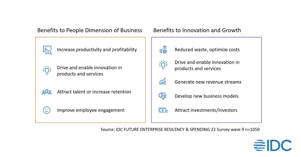 chart showing sustainability benefits in two columns, one for the people dimension of business and the other for the innovation and growth