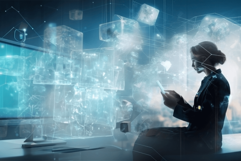 Image contains a woman seated looking at a mobile device with AI graphics all around her and the empty space.