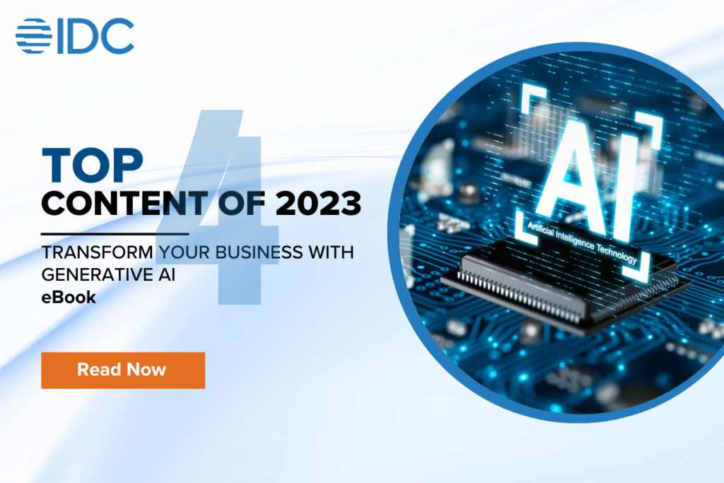 Top 10 content 2023 content 4. TRANSFORM YOUR BUSINESS WITH GENERATIVE AI eBook. AI on top of a computer chip.