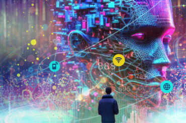 A human standing in front of a futuristic rendering of an AI Agent