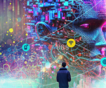 A human standing in front of a futuristic rendering of an AI Agent