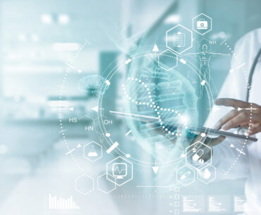 A doctor interacting with futuristic digital technology