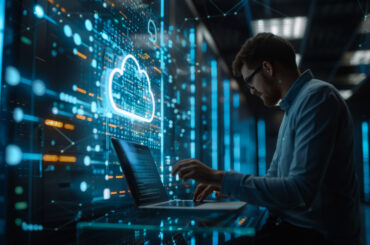 Three forces shaping the future of IT leadership IT professional analyzing cloud data infrastructure in a digital environment representing AI orchestration and modernization.