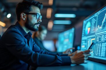 Charting the agentic future of IT services: From projects to platforms A professional analyzing data on multiple monitors, representing AI-enabled orchestration and intelligent IT services.