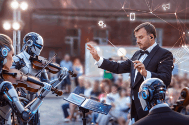 A conductor leads an AI orchestra